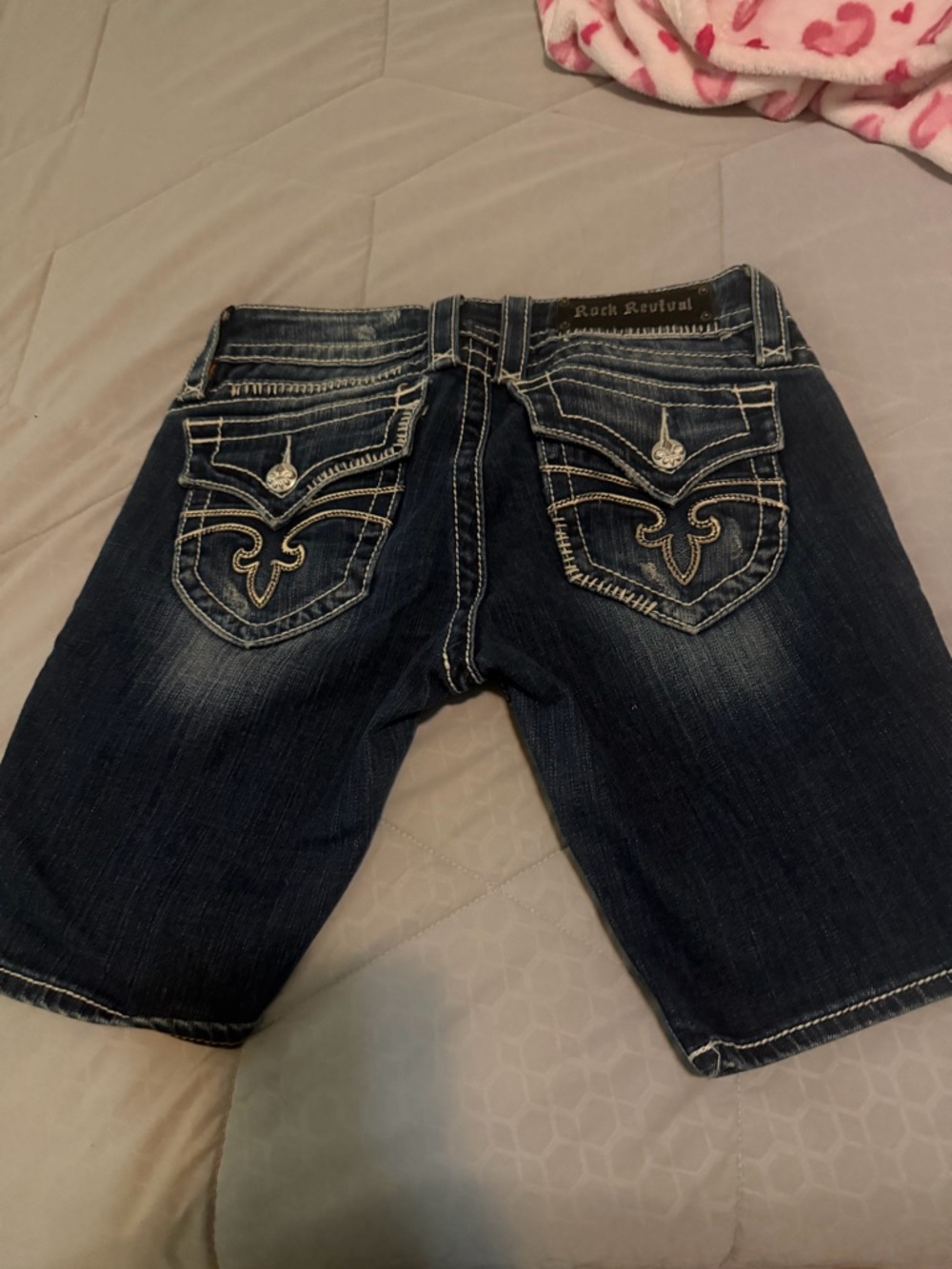 Rock Revival Navy Blue Distressed Denim Shorts with Contrast Stitching